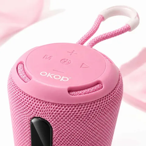 Głośnik Bluetooth OKOP – kompaktowy, różowy, wodoodporny design - obrazek 3