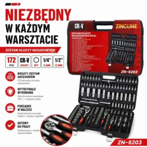Zestaw kluczy nasadowych Zincline ZN-6203 – 172 elementy, stal CR-V