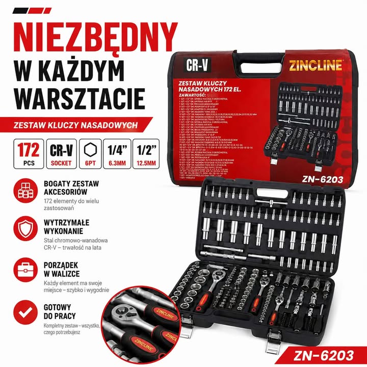 Zestaw kluczy nasadowych Zincline ZN-6203 – 172 elementy, stal CR-V