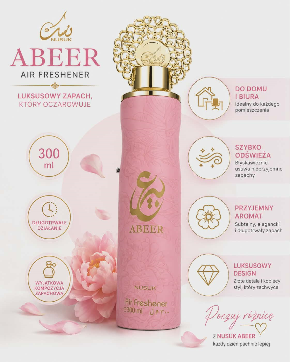 Odświeżacz powietrza Nusuk Abeer – elegancki aromat do domu i biura 300 ml