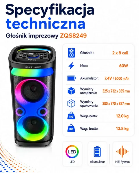 Głośnik karaoke 60W 2x8” LED DSP z mikrofonem i akumulatorem 6000 mAh – ZQS8249 - obrazek 2