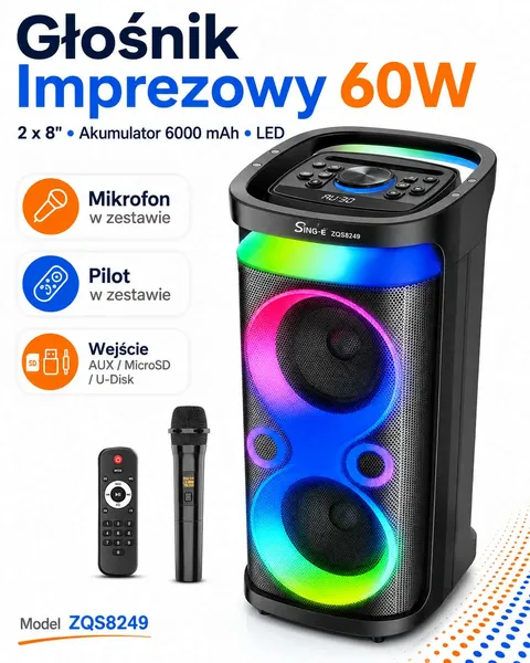 Głośnik karaoke 60W 2x8” LED DSP z mikrofonem i akumulatorem 6000 mAh – ZQS8249 - obrazek 3