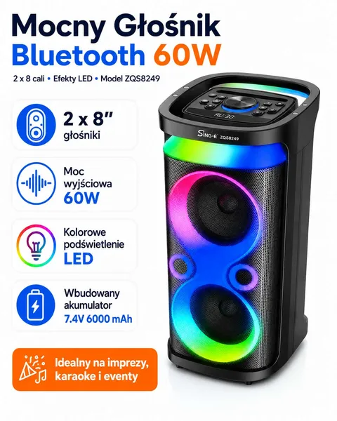Głośnik karaoke 60W 2x8” LED DSP z mikrofonem i akumulatorem 6000 mAh – ZQS8249 - obrazek 4