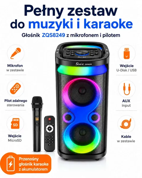 Głośnik karaoke 60W 2x8” LED DSP z mikrofonem i akumulatorem 6000 mAh – ZQS8249 - obrazek 5