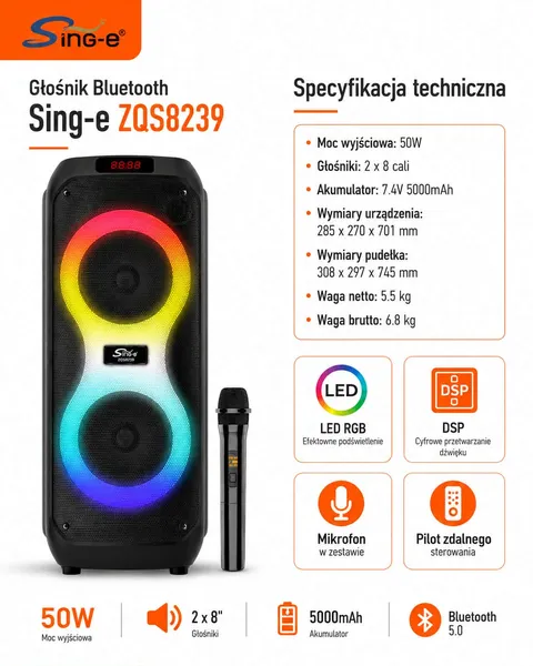 Głośnik karaoke Sing-e ZQS8239 50W 2x8" LED DSP 5000 mAh - obrazek 2