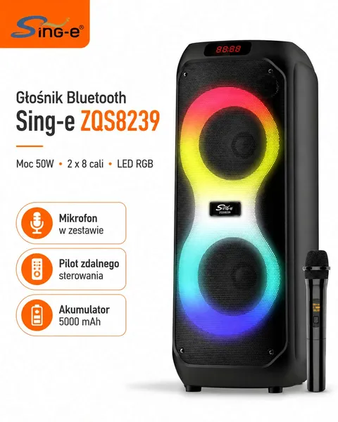Głośnik karaoke Sing-e ZQS8239 50W 2x8" LED DSP 5000 mAh - obrazek 3