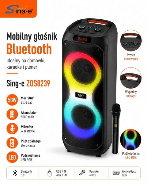 Głośnik karaoke Sing-e ZQS8239 50W 2x8" LED DSP 5000 mAh - obrazek 4