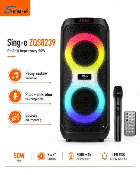 Głośnik karaoke Sing-e ZQS8239 50W 2x8" LED DSP 5000 mAh - obrazek 5