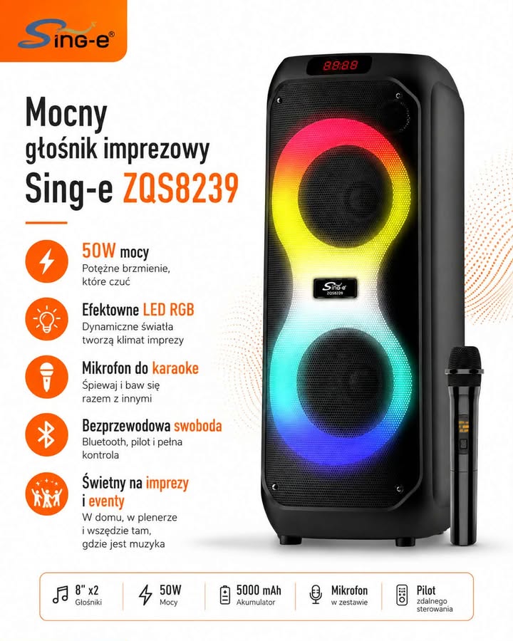 Głośnik karaoke Sing-e ZQS8239 50W 2x8" LED DSP 5000 mAh