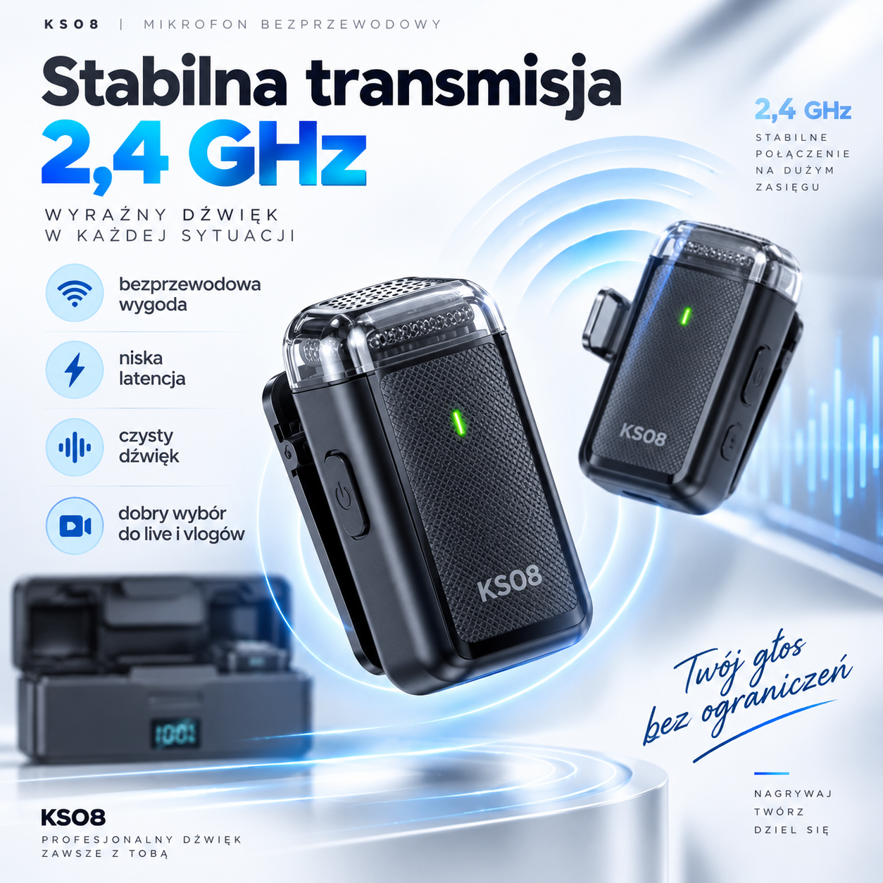 Mikrofon Bezprzewodowy KS08 USB-C 2 Mikrofony Etui Ładujące 2,4 GHz - obrazek 3