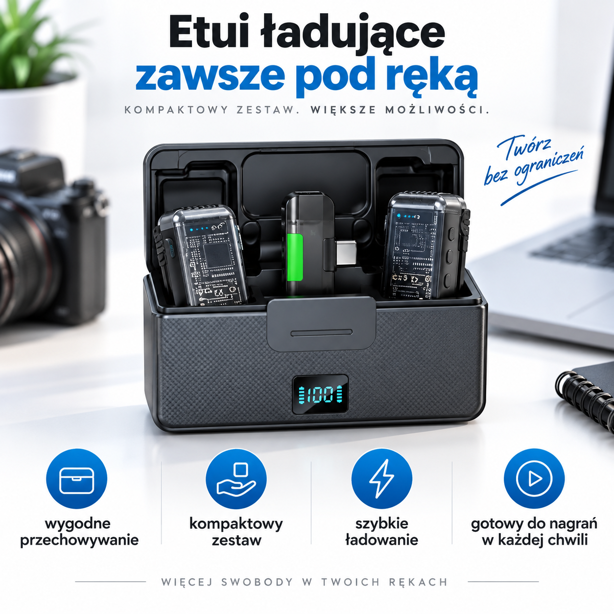 Mikrofon Bezprzewodowy KS08 USB-C 2 Mikrofony Etui Ładujące 2,4 GHz - obrazek 4