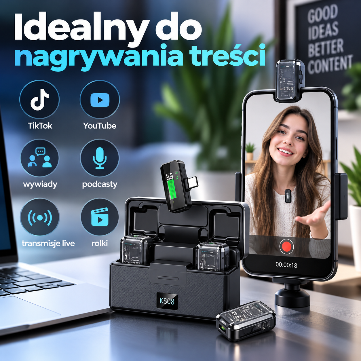 Mikrofon Bezprzewodowy KS08 USB-C 2 Mikrofony Etui Ładujące 2,4 GHz - obrazek 5