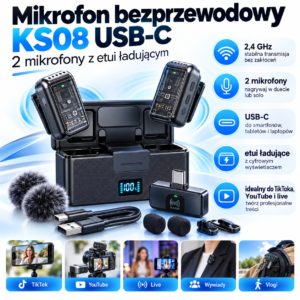 Mikrofon Bezprzewodowy KS08 USB-C 2 Mikrofony Etui Ładujące 2,4 GHz