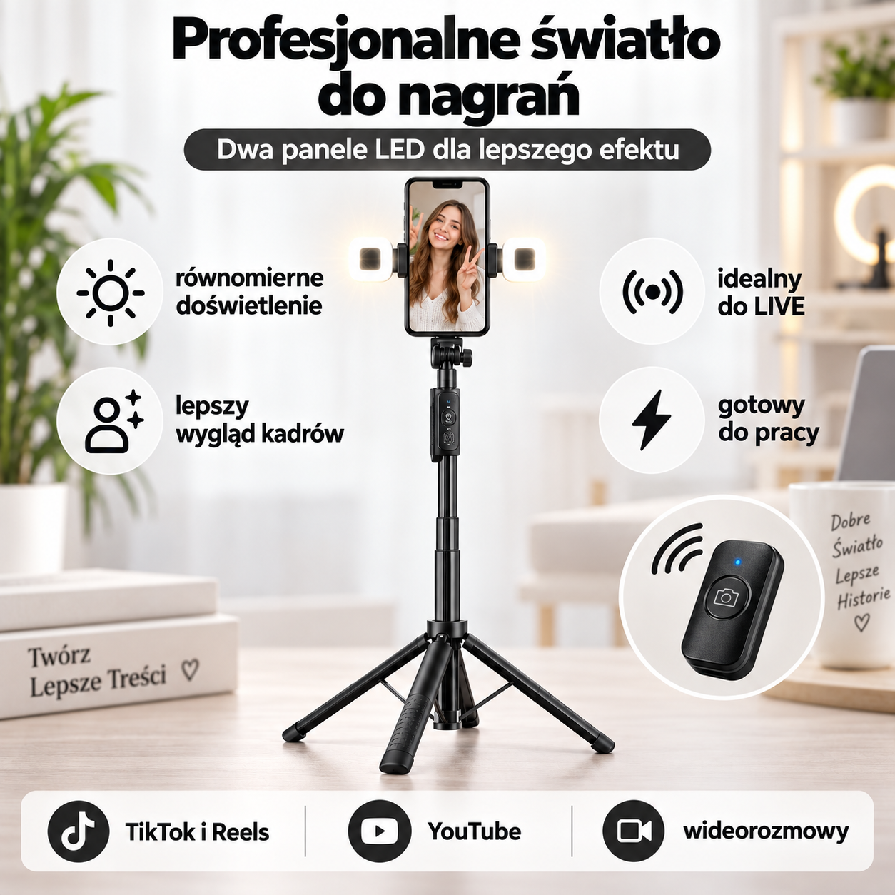 Statyw do telefonu 180 cm z podwójnym oświetleniem LED i pilotem Bluetooth - obrazek 2