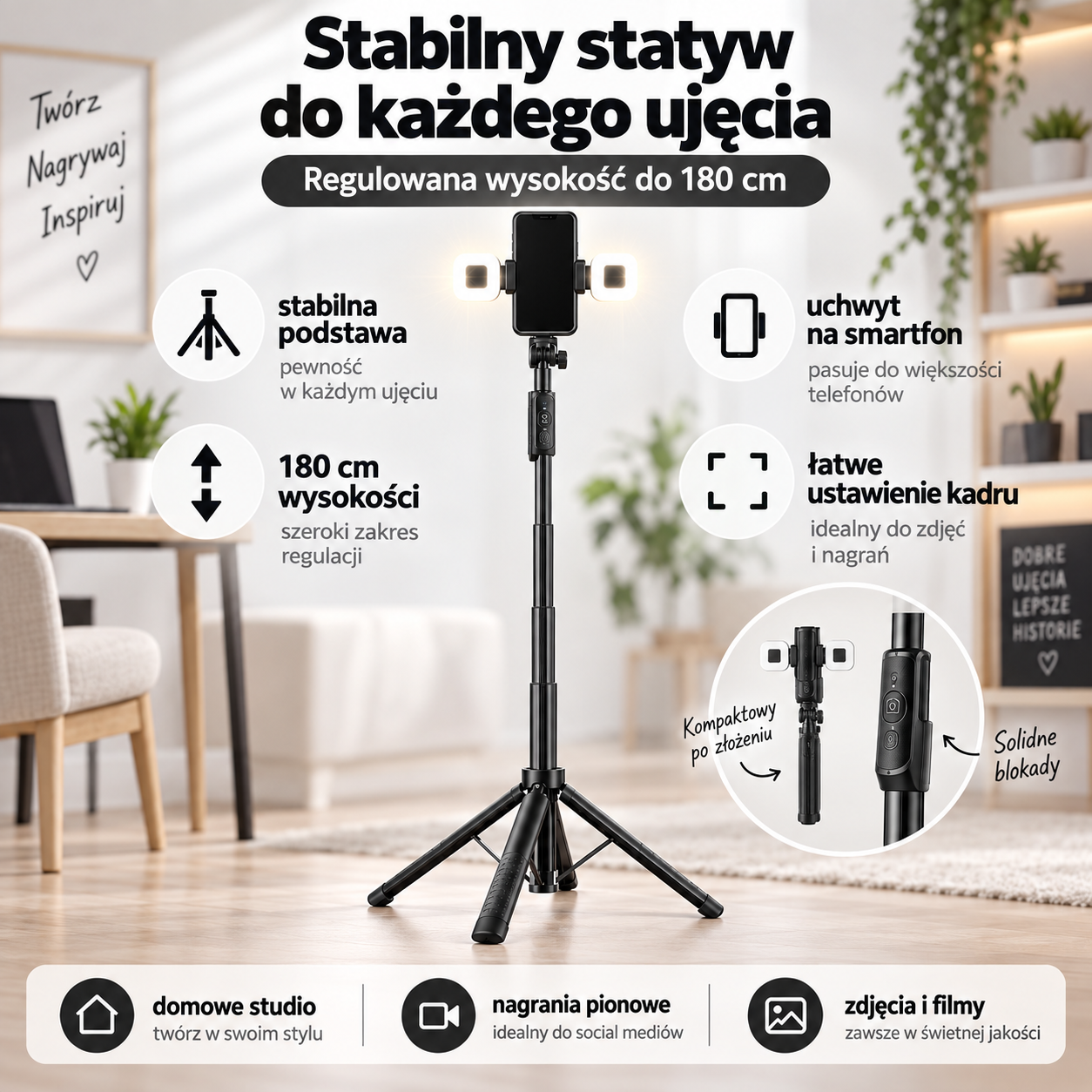 Statyw do telefonu 180 cm z podwójnym oświetleniem LED i pilotem Bluetooth - obrazek 3