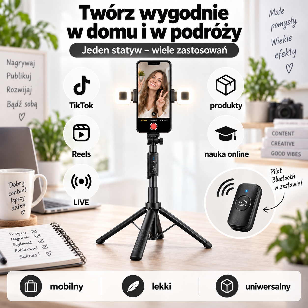 Statyw do telefonu 180 cm z podwójnym oświetleniem LED i pilotem Bluetooth - obrazek 4