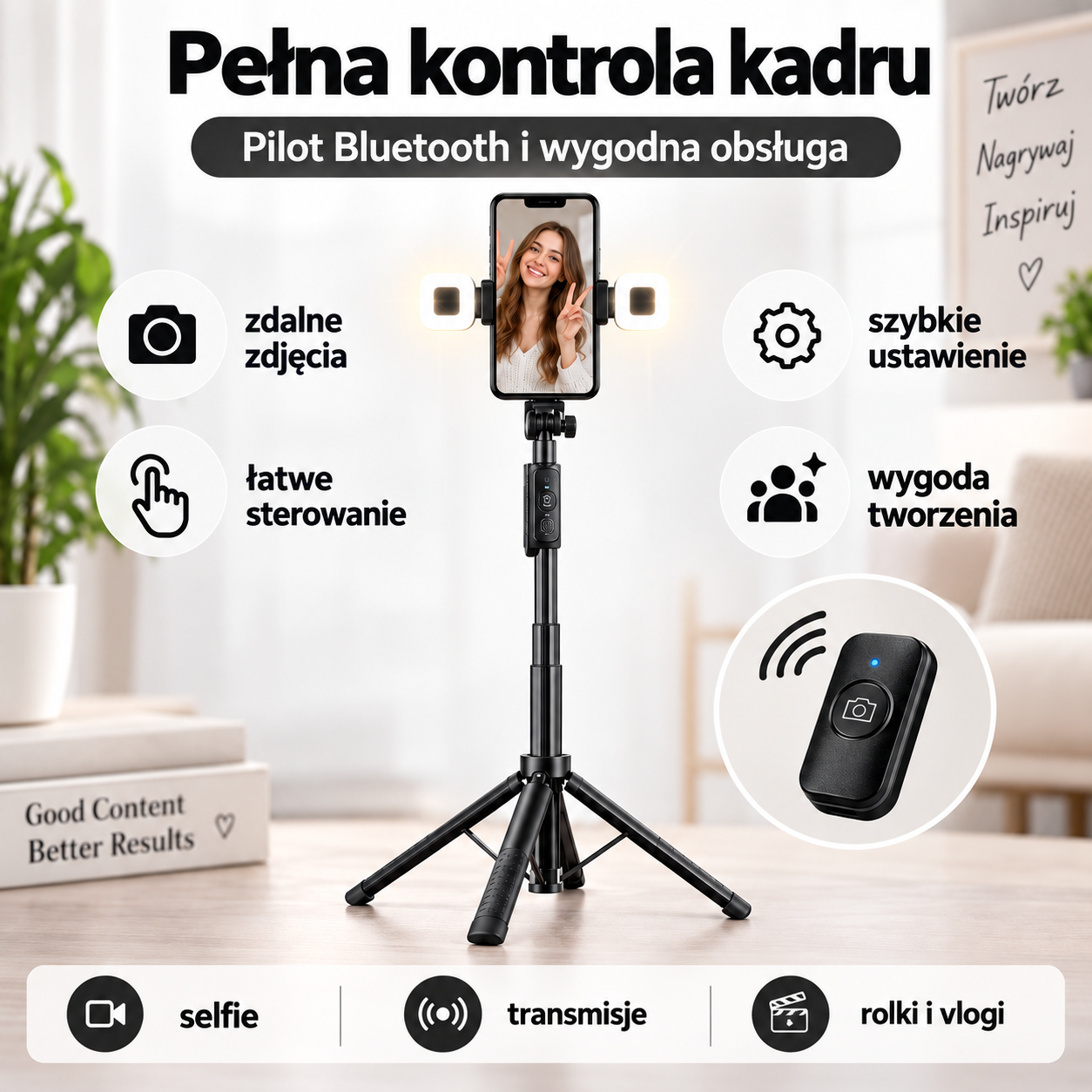 Statyw do telefonu 180 cm z podwójnym oświetleniem LED i pilotem Bluetooth - obrazek 5