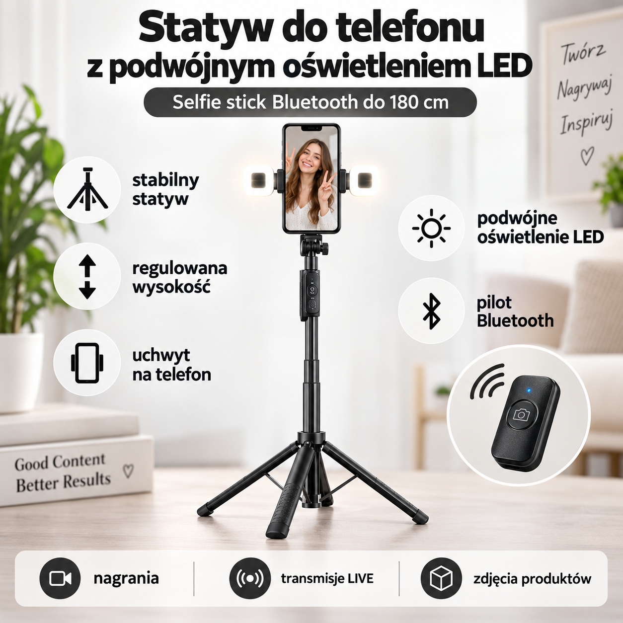 Statyw do telefonu 180 cm z podwójnym oświetleniem LED i pilotem Bluetooth