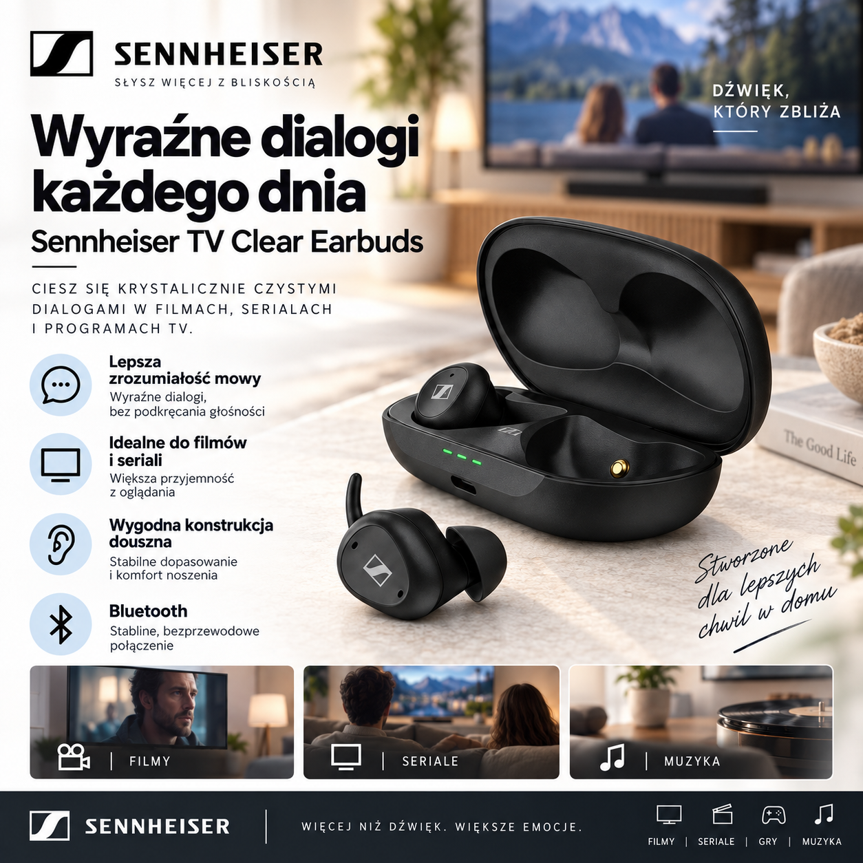 Słuchawki bezprzewodowe douszne Sennheiser TV Clear Earbuds bez transmitera - obrazek 2