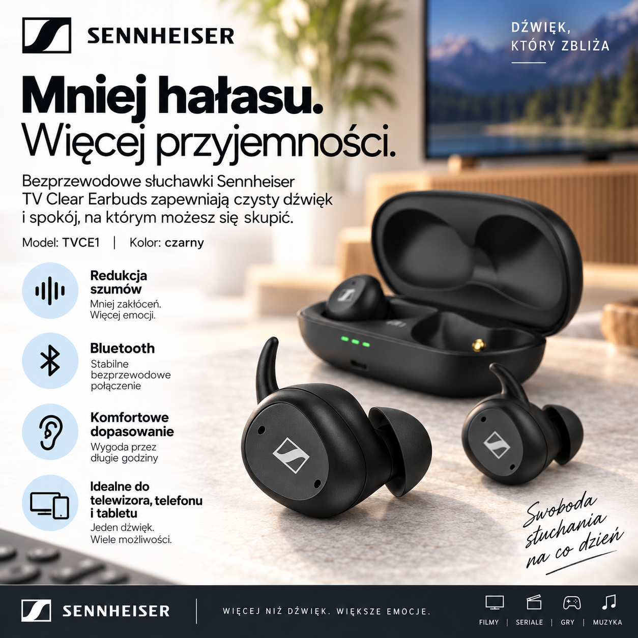 Słuchawki bezprzewodowe douszne Sennheiser TV Clear Earbuds bez transmitera - obrazek 4