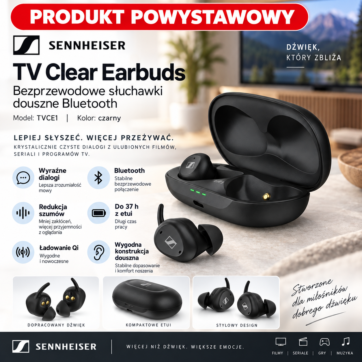 Słuchawki bezprzewodowe douszne Sennheiser TV Clear Earbuds bez transmitera
