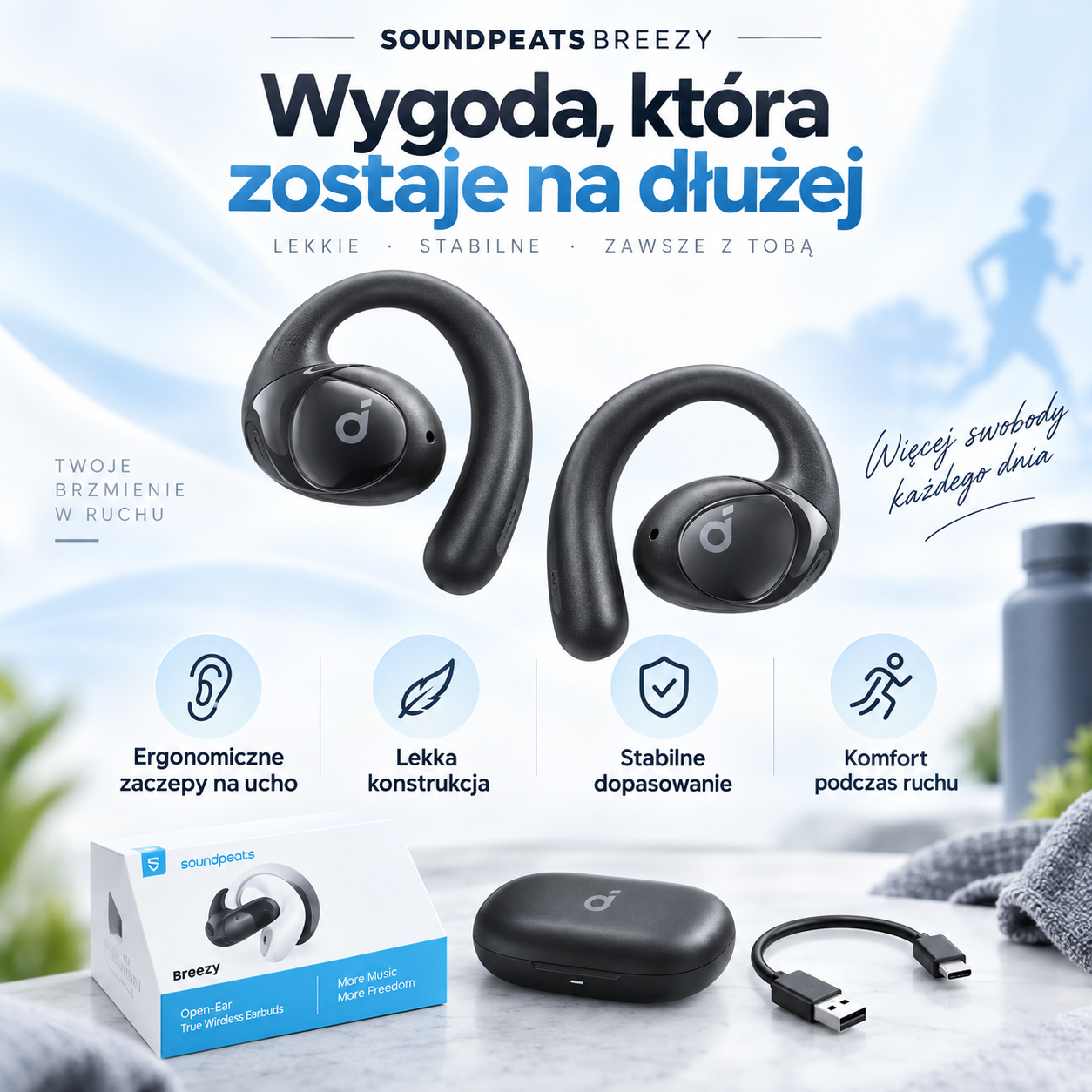 SoundPEATS Breezy Open Ear Słuchawki Bluetooth 5.4, 40h pracy na baterii - obrazek 3