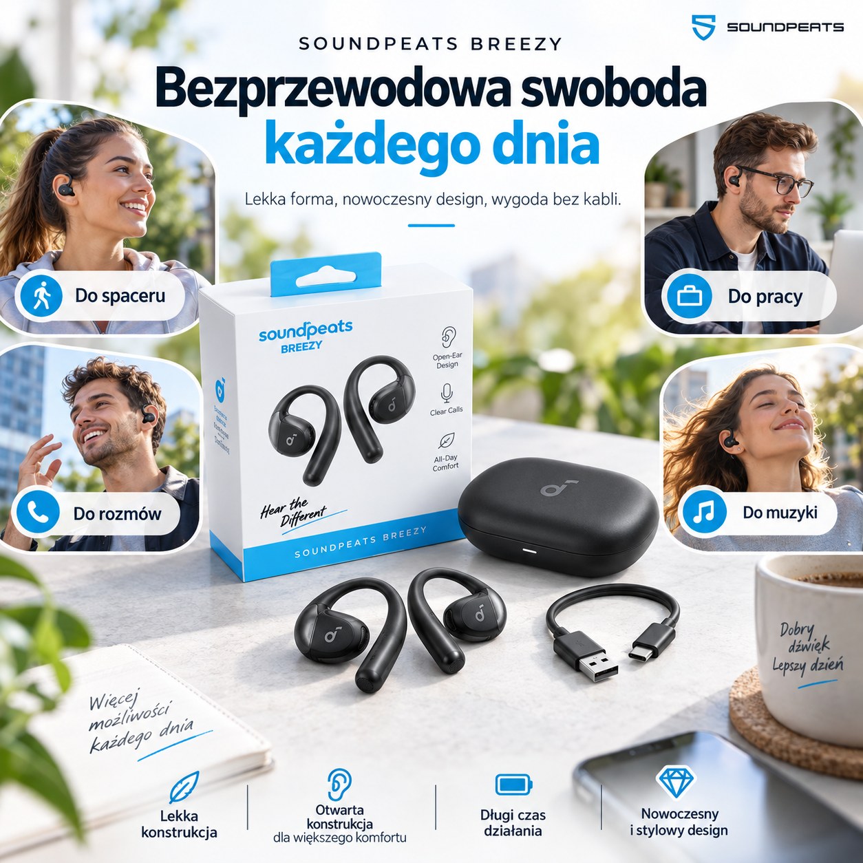 SoundPEATS Breezy Open Ear Słuchawki Bluetooth 5.4, 40h pracy na baterii - obrazek 5