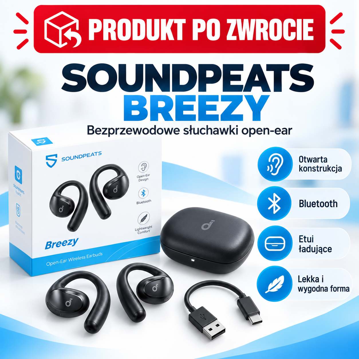 SoundPEATS Breezy Open Ear Słuchawki Bluetooth 5.4, 40h pracy na baterii